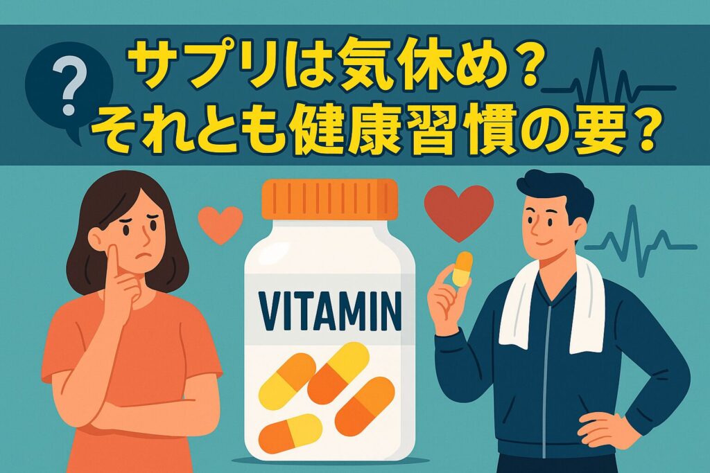 ビタミンサプリの瓶と、それを手に取って悩む男性。背景には「？」や「！」のアイコンが浮かび、サプリに対する誤解と期待を象徴している。