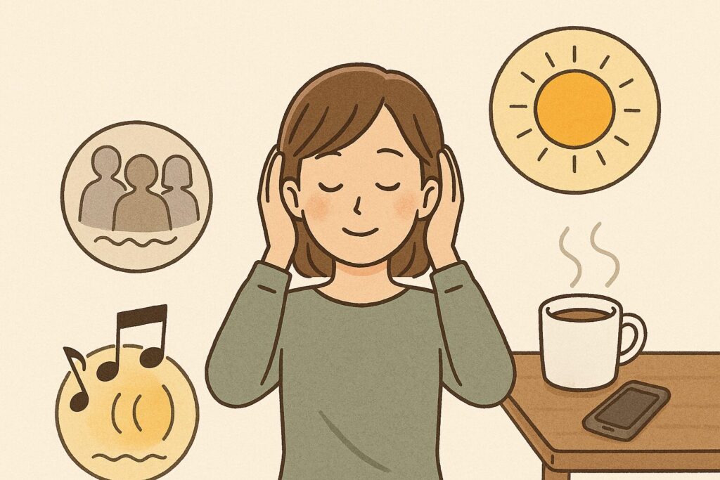 午後のデスクワーク中、ストレッチや水分補給をしながら集中力を維持する男性のイメージ。自然光の入る落ち着いたオフィス空間