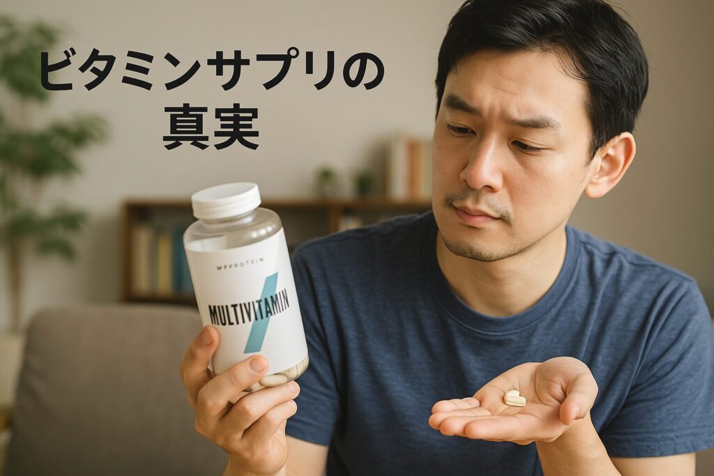 「ビタミンサプリの真実」と書かれた日本語の見出しとともに、若い東アジア人男性がマルチビタミンのボトルを見つめ、もう一方の手のひらに数粒のサプリを乗せている写真。背景には観葉植物や本棚がある明るいリビング。健康やサプリメントを意識した日常の一コマを表現したイメージ。