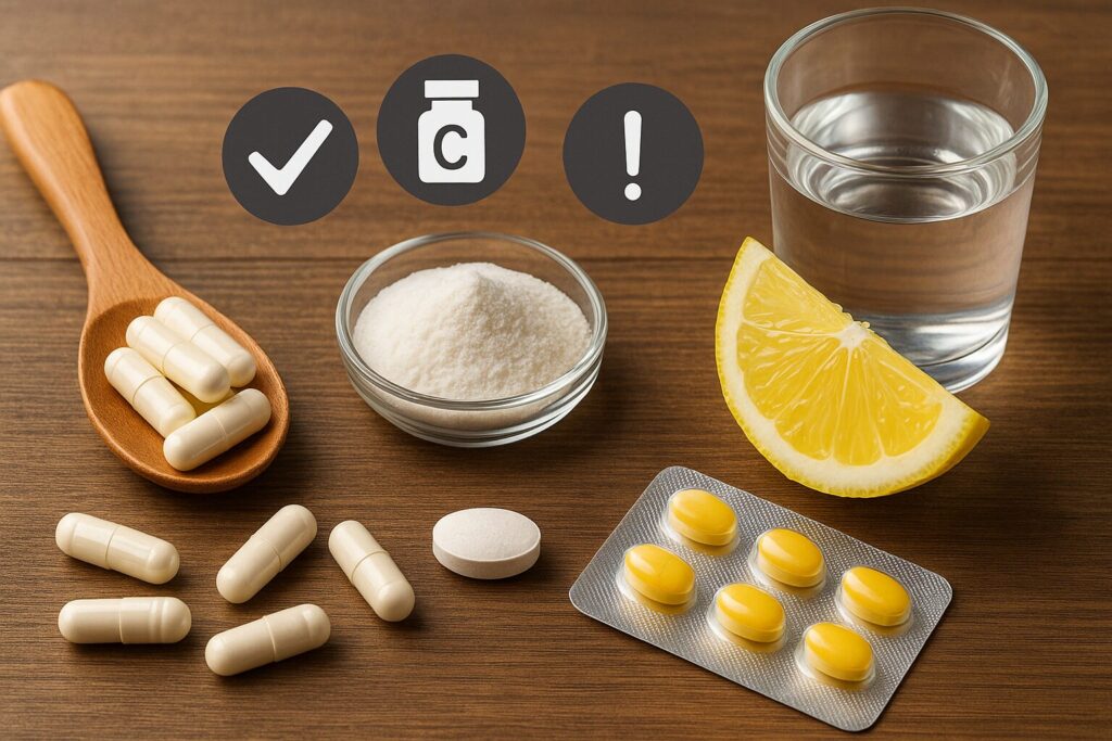 「ビタミンCのカプセル・粉末・錠剤とレモン、水が木製テーブルに整列した摂取イメージの写真」

