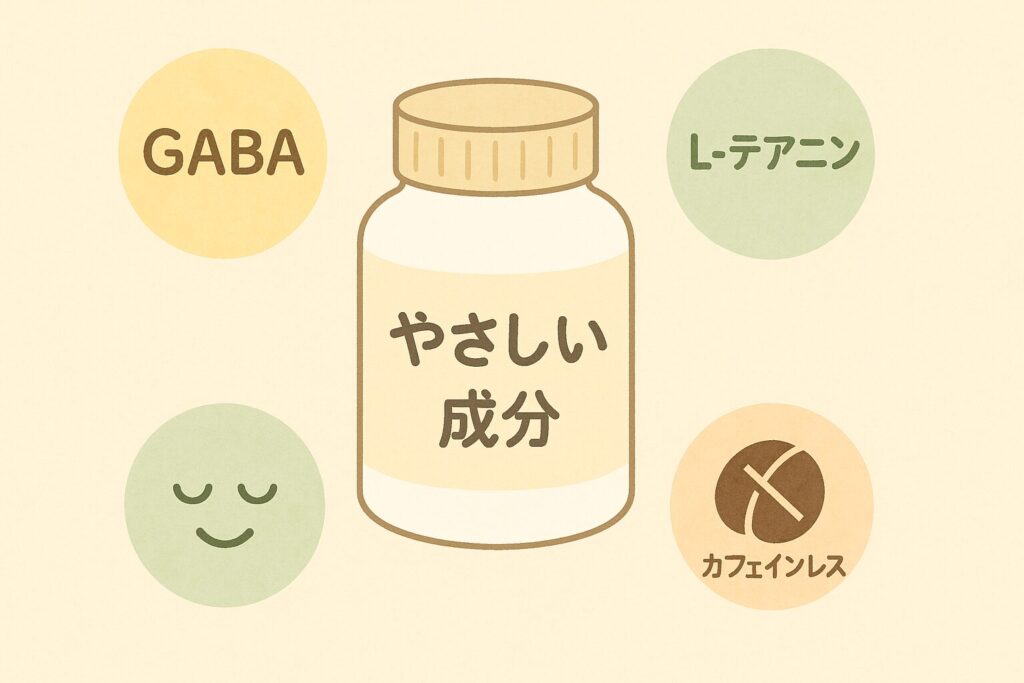 GABA、L-テアニン、カフェインレスなど低刺激成分のイラストアイコンに囲まれた「やさしい成分」サプリボトルの横長イラスト。温かみある手描き風。