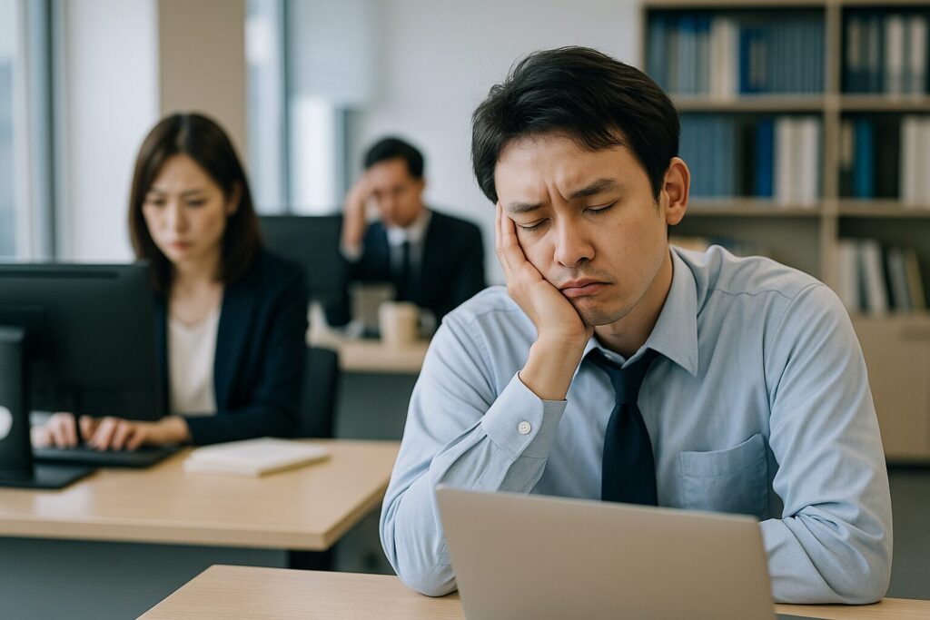 午後のオフィスで集中力を失ってうつむく男性会社員の様子。背景には仕事をする同僚の姿。