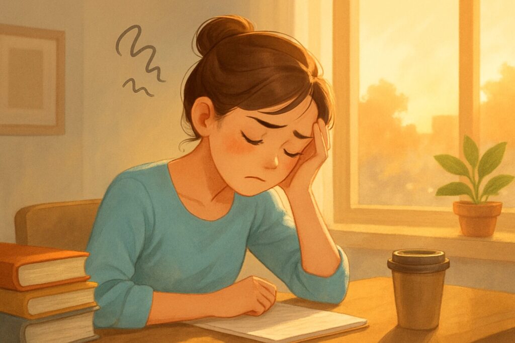 午後、やや疲れた表情でデスクに向かう若い女性。頭に手を当て、光が差し込む窓辺で集中力が落ちている様子
