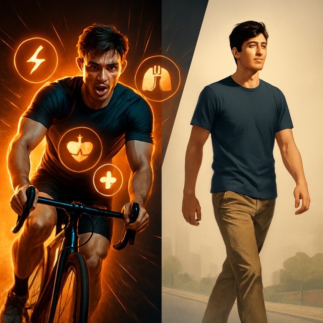 サイクリングをする男性とウォーキングをする男性の比較イラスト