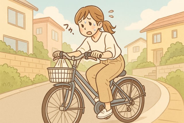 3コマ目：ママチャリで坂道を苦労して登る様子