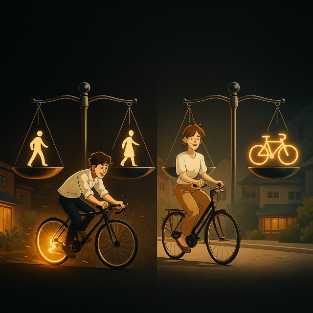 男女間の運動効果の違いを天秤で示すシンボリックなイラスト
