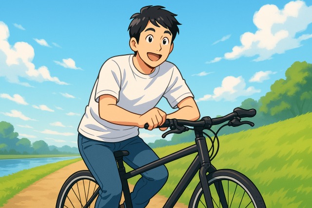 4コマ目：ピカピカの自転車で快走する様子