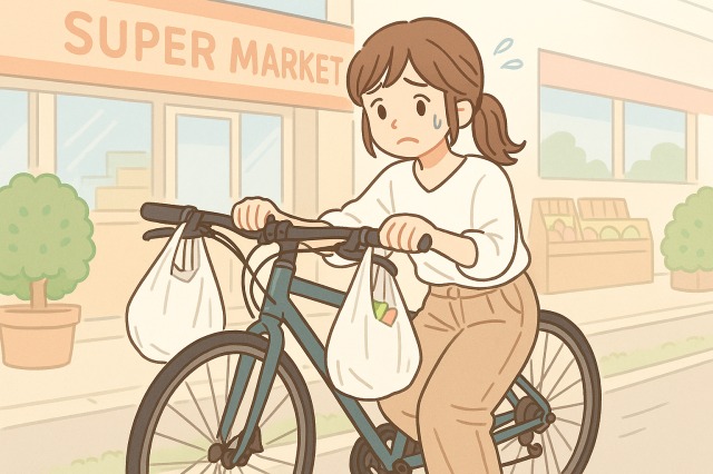 1コマ目：クロスバイクでの買い物に苦戦する様子