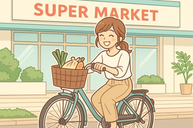 2コマ目：ママチャリのカゴで楽々買い物をする様子