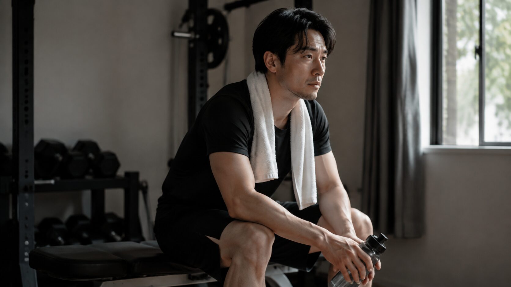 トレーニング後に休息する男性、超回復の概念を表すイメージ