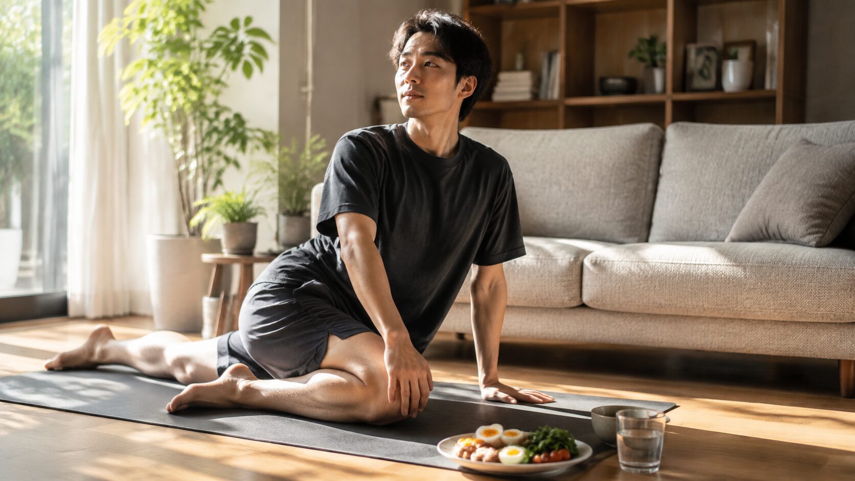 朝にストレッチをする男性と健康的な朝食、休息日の過ごし方を表すイメージ