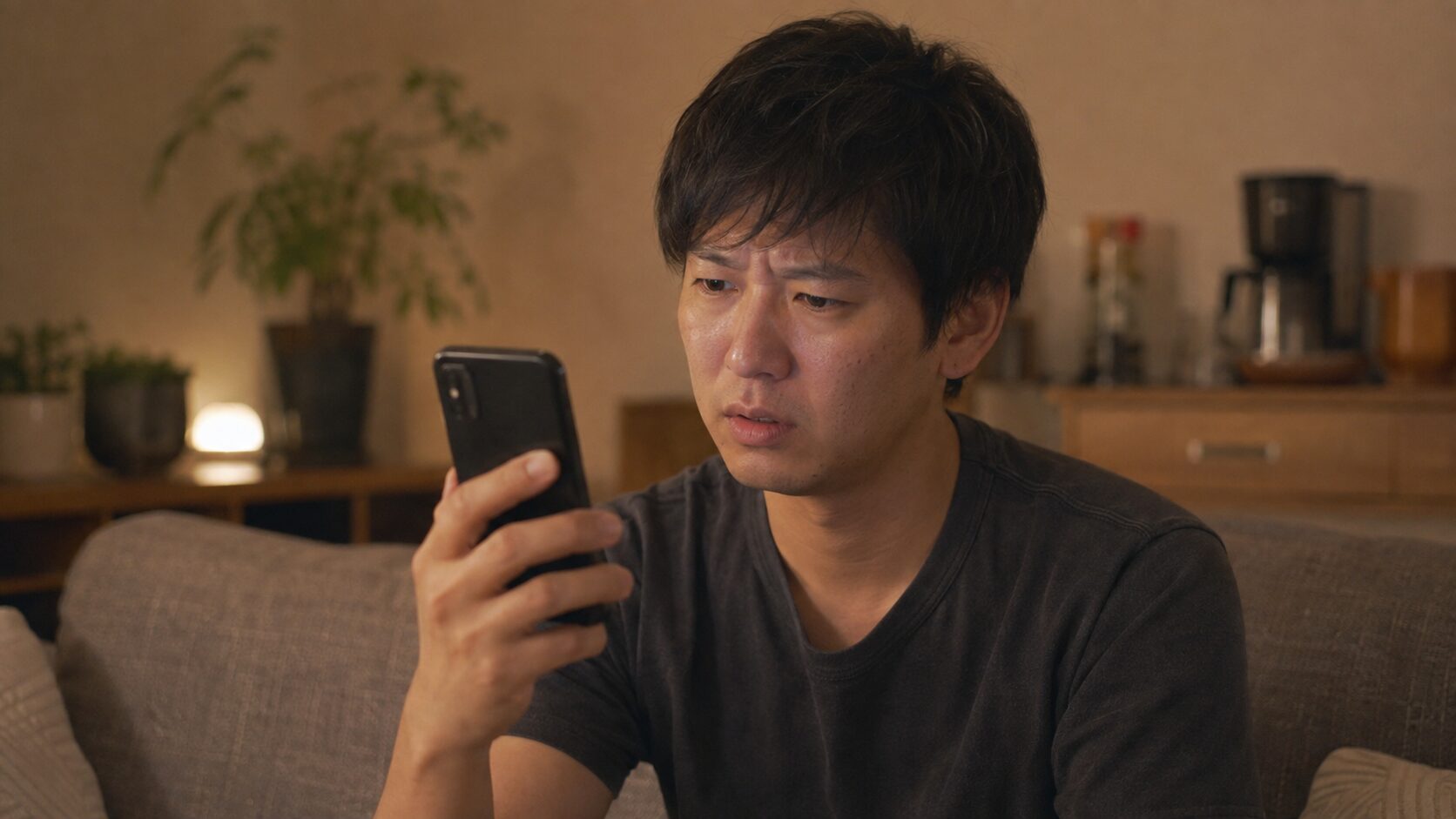 スマートフォンで検索し疑問を持つ男性