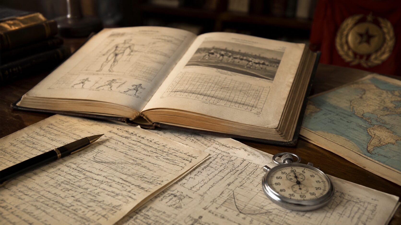 古い研究書と世界地図、超回復理論の海外起源を連想させる静物